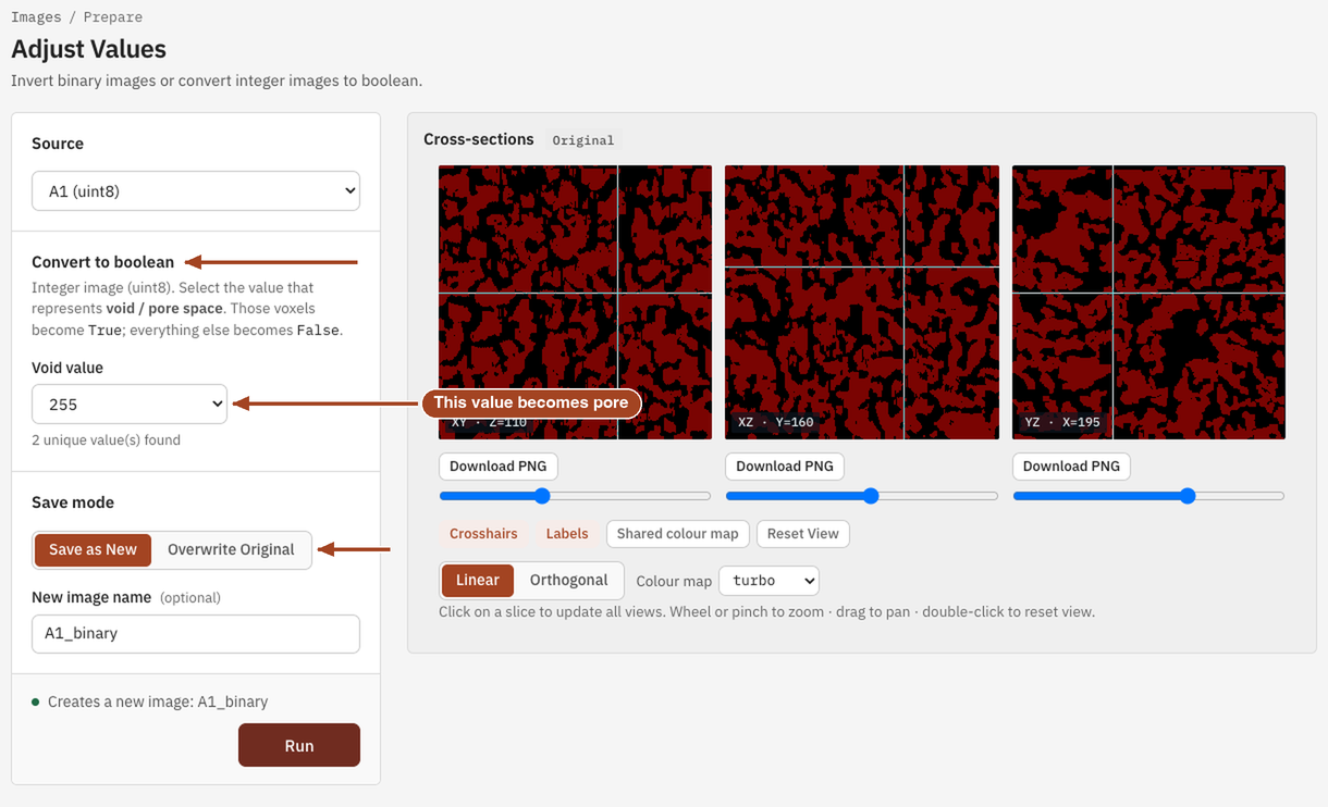 Adjust Values converting a 0/255 image to binary, with 255 chosen as the pore value.