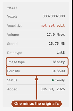 The facts of an inverted image, showing it is binary and its porosity.