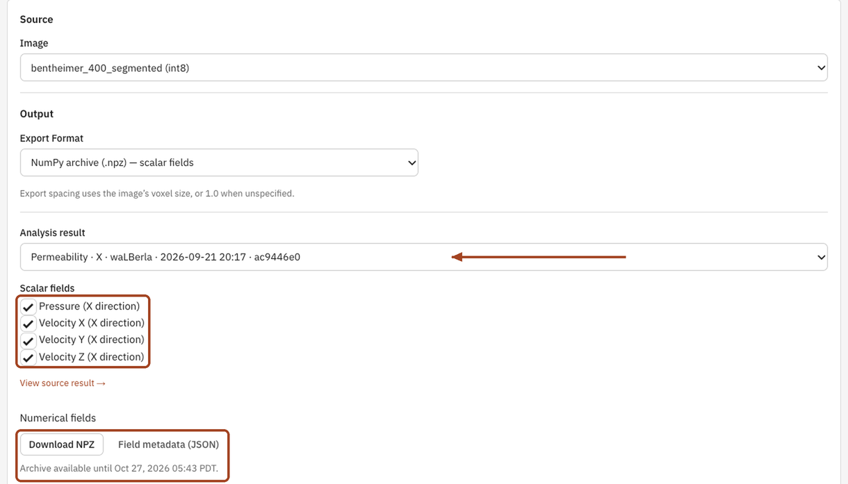 The scalar-field export for a permeability result, with its fields ticked and the NPZ download ready.