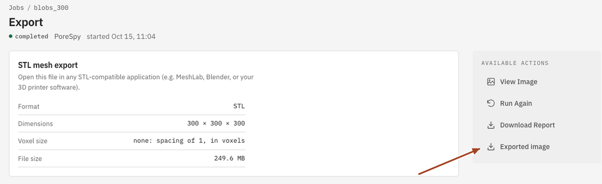 A completed Export job with its Exported image download button.