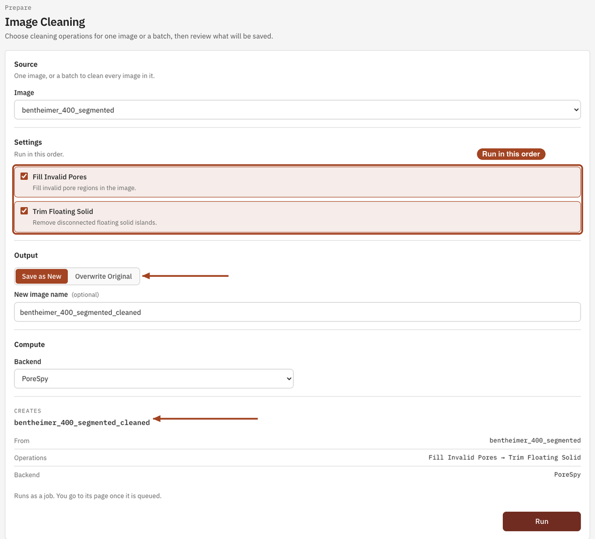The Image Cleaning form with both operations ticked and a new image name ready.