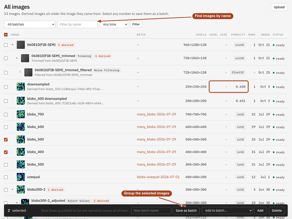 The Images library listing several 3D images, with two selected and the Save as batch action showing.