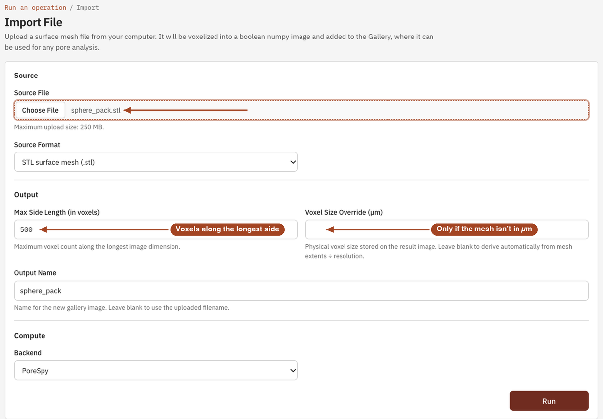 The Import File form with an STL mesh chosen and its resolution and output name set.
