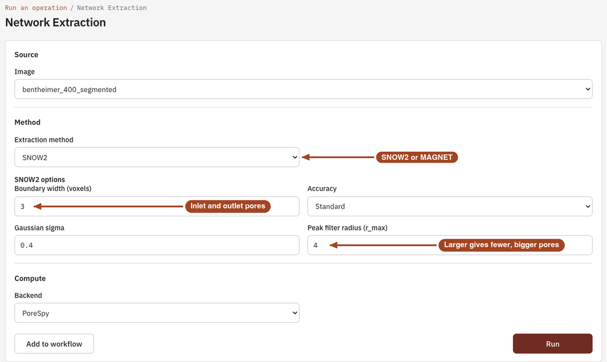 The Network Extraction launch form with the SNOW2 method selected and its options at their suggested values.