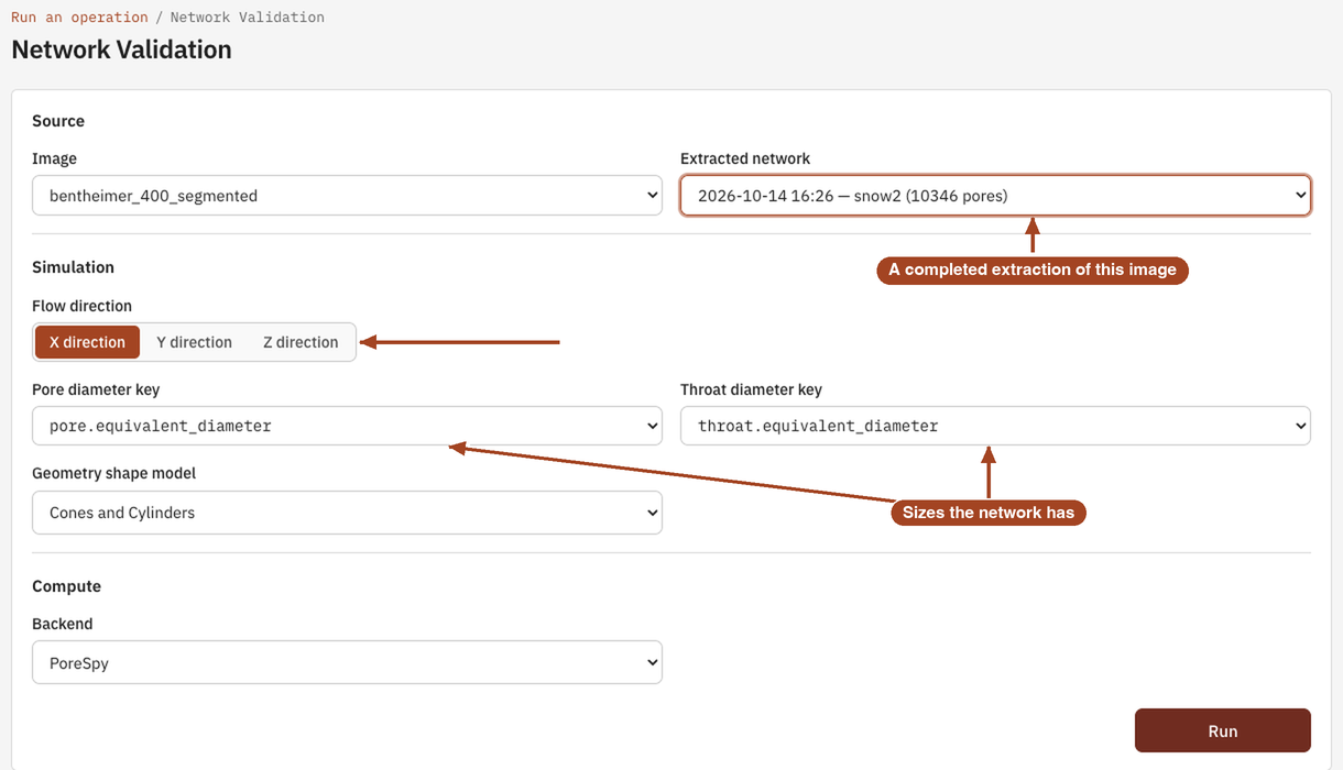 The Network Validation launch form with an image and its extracted network selected, flow along X and the default diameters and shape model.