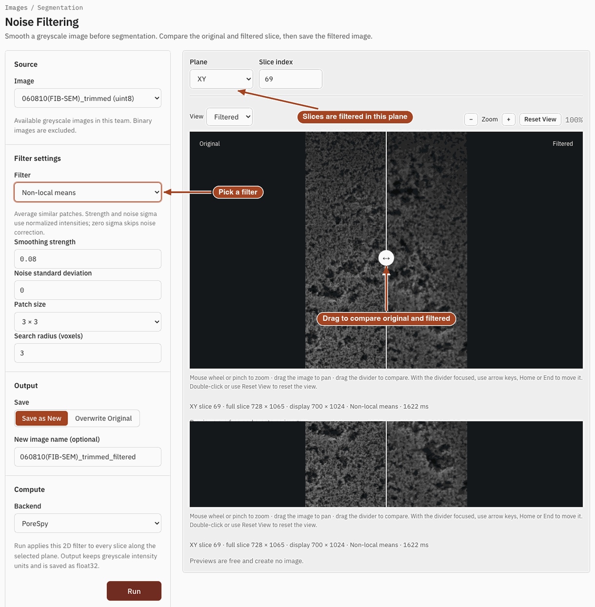 The Noise Filtering page with non-local means selected and a slice preview split between the original and the filtered image.