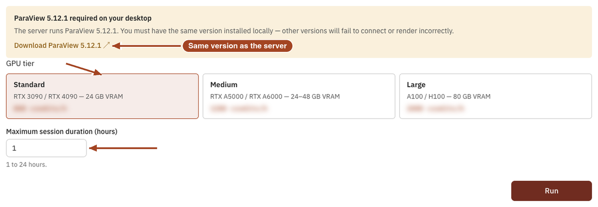 The ParaView Server launch page with the version notice, three GPU tiers and the session duration.