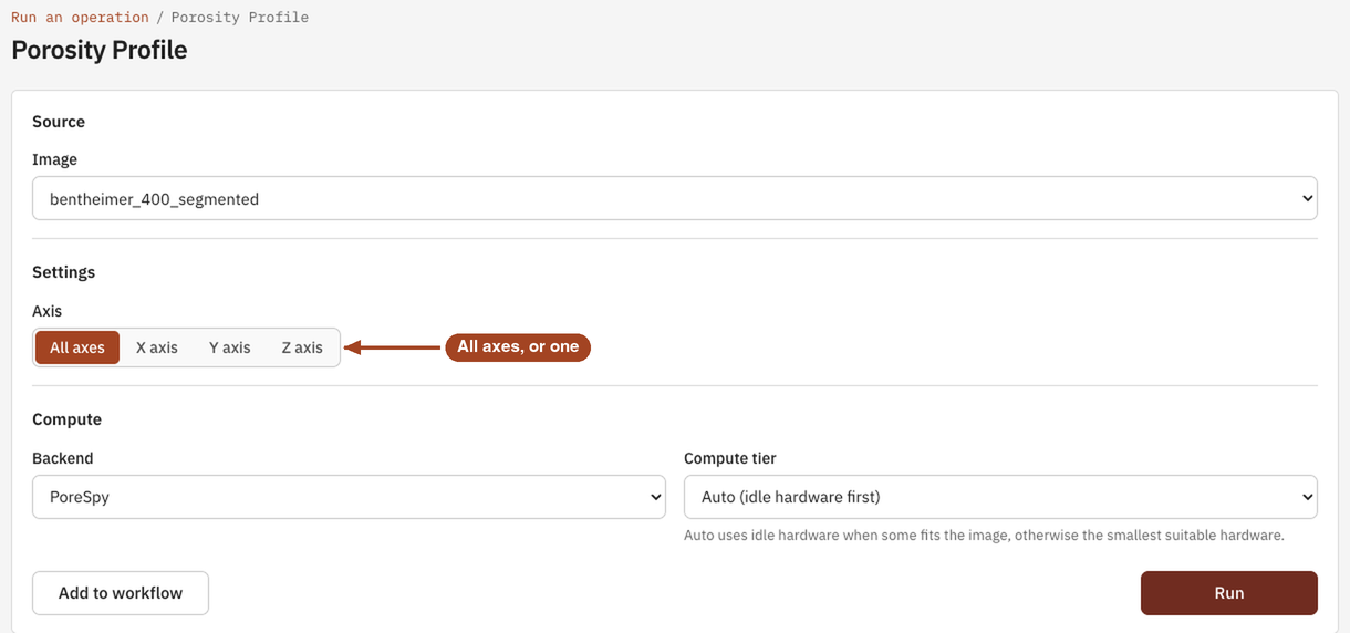 The Porosity Profile launch form, with a segmented image selected and All axes chosen.