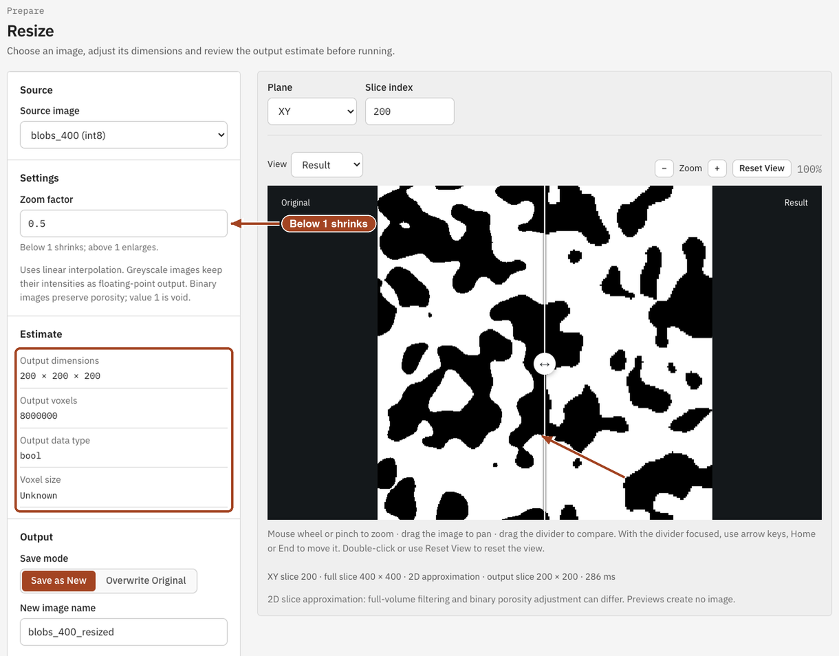 The Resize page with a zoom factor of 0.5, its output size and a slice preview.