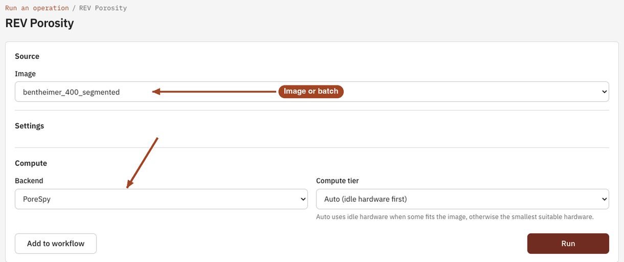 The REV Porosity launch form, with an image selected and the PoreSpy backend.