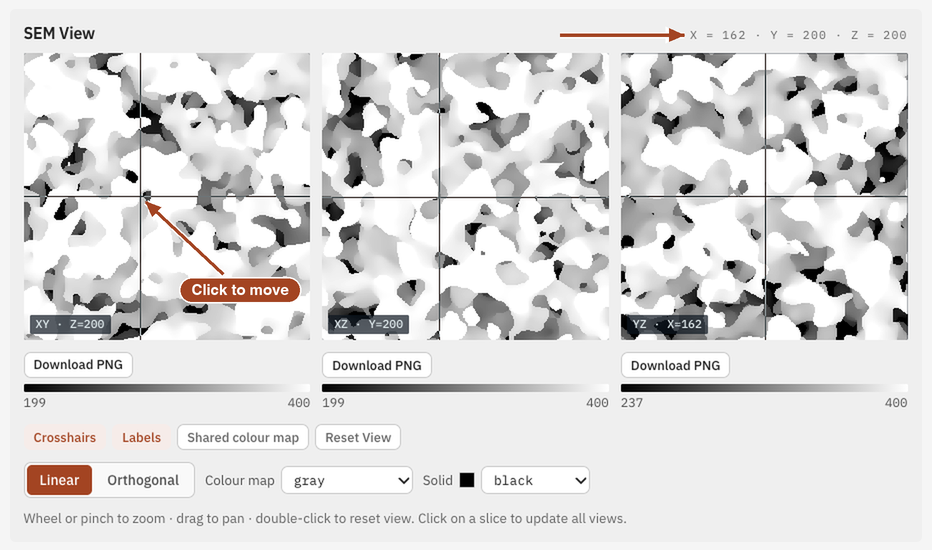 A completed SEM View job with three depth-shaded orthogonal panels.