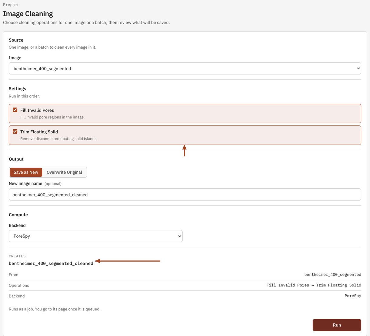 Image Cleaning with both operations ticked and the new image named.