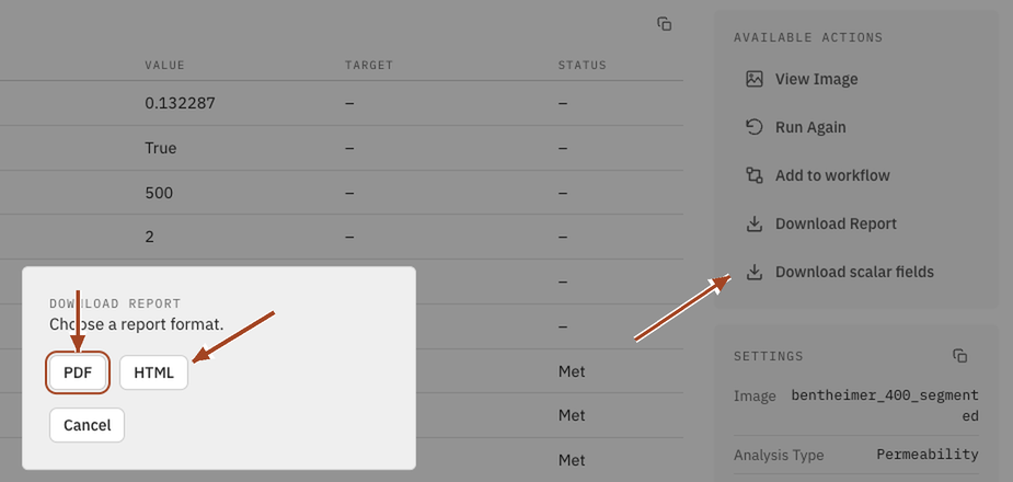 The Download Report dialog offering PDF and HTML, beside Download scalar fields.