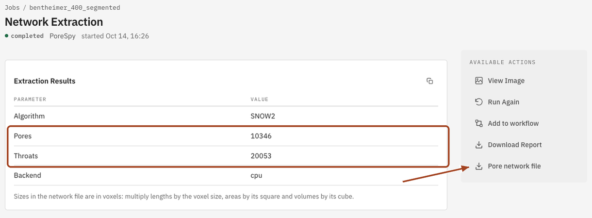 A completed Network Extraction job with its pore and throat counts.