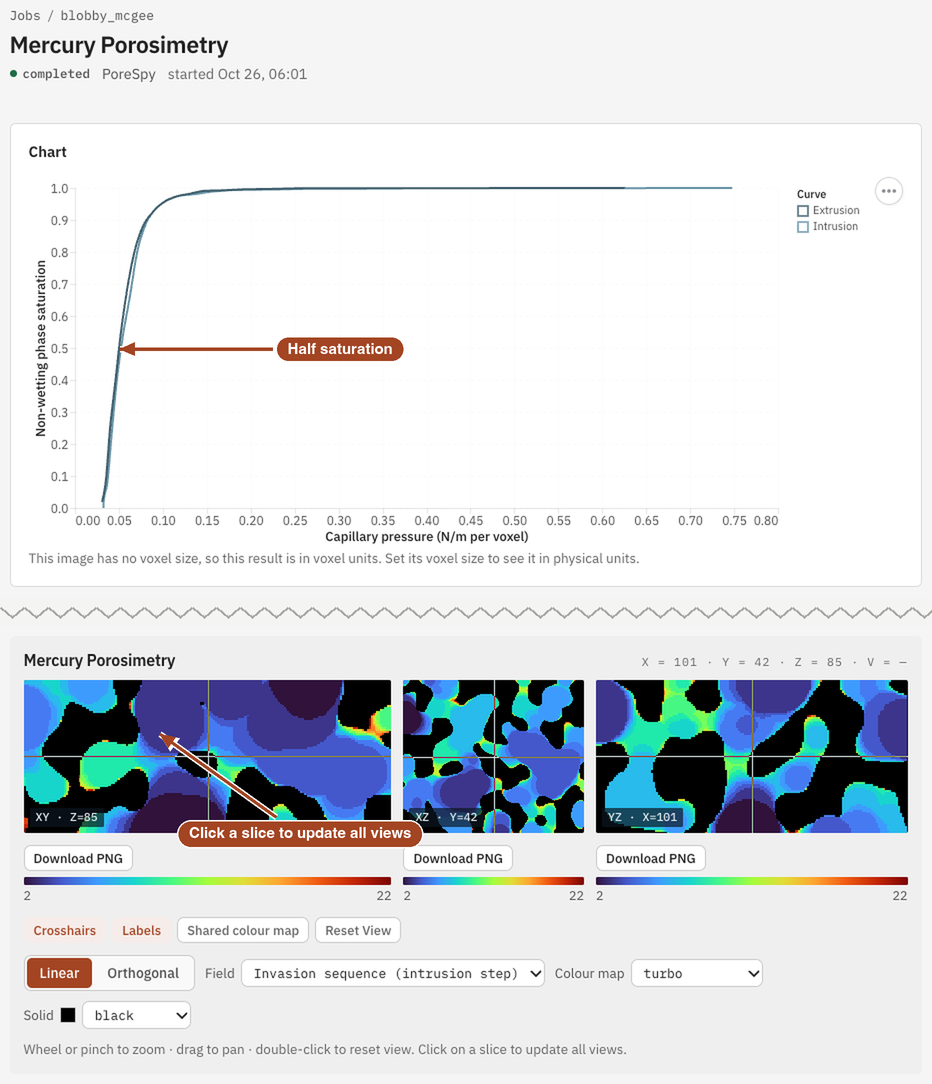 A completed Mercury Porosimetry job with its capillary pressure curves and invasion map.