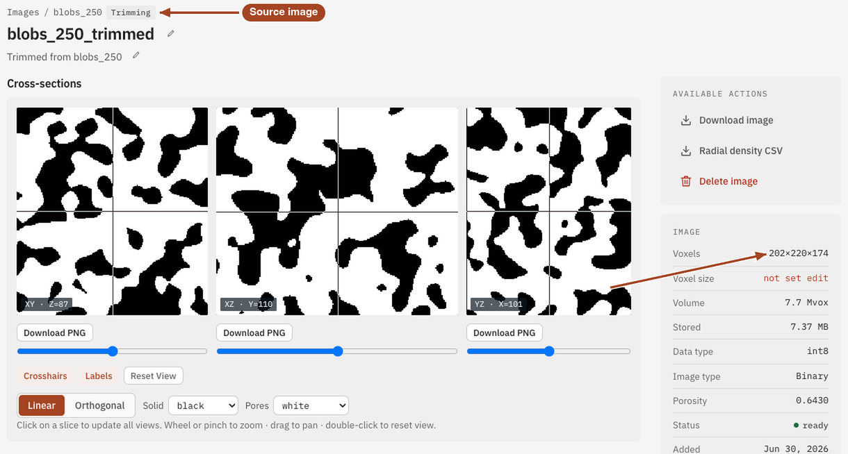 A trimmed image's page showing its source in the lineage and its new size.