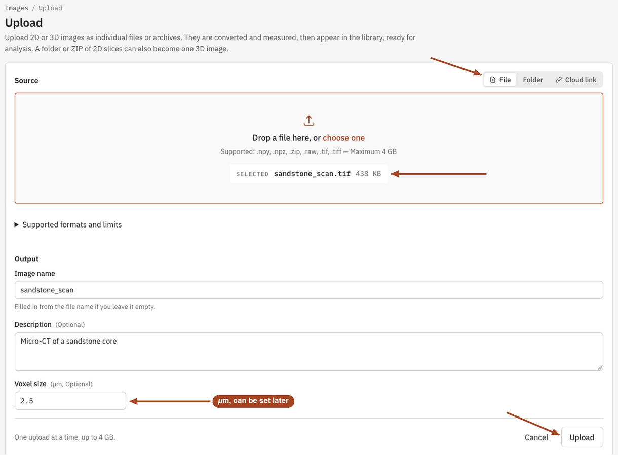 The Upload page with a TIFF stack selected and its name, description and voxel size filled in.